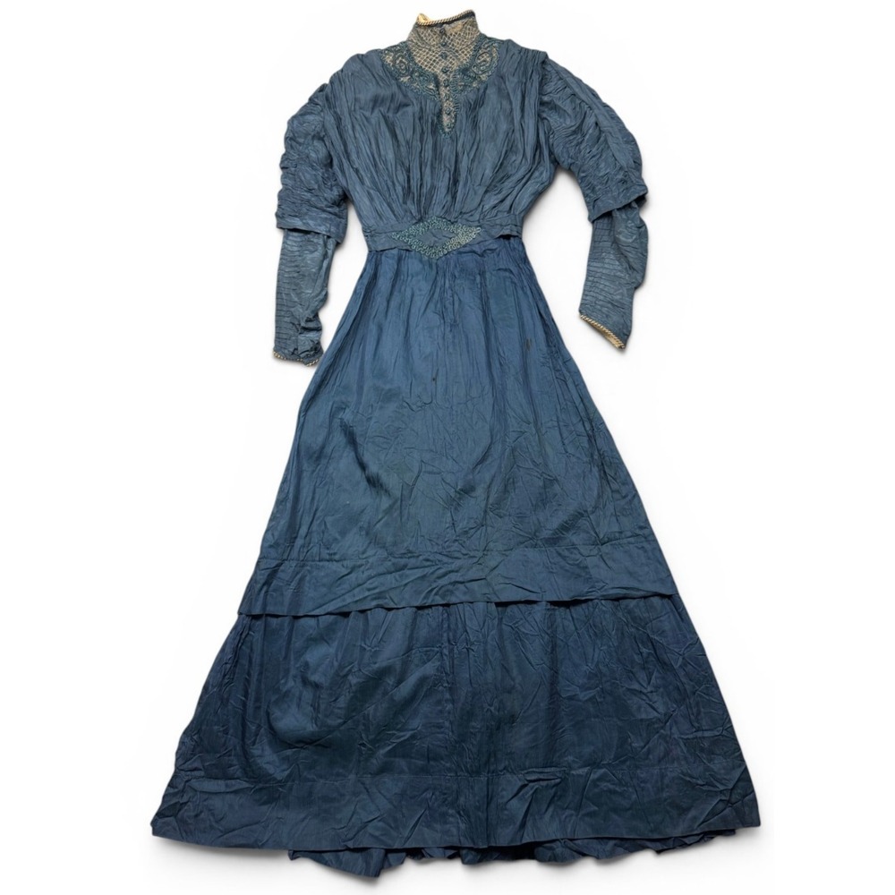 Antique Early 1900s Romantic‎ Edwardian Blue Silk Dress Lace & Pintucks 1800s